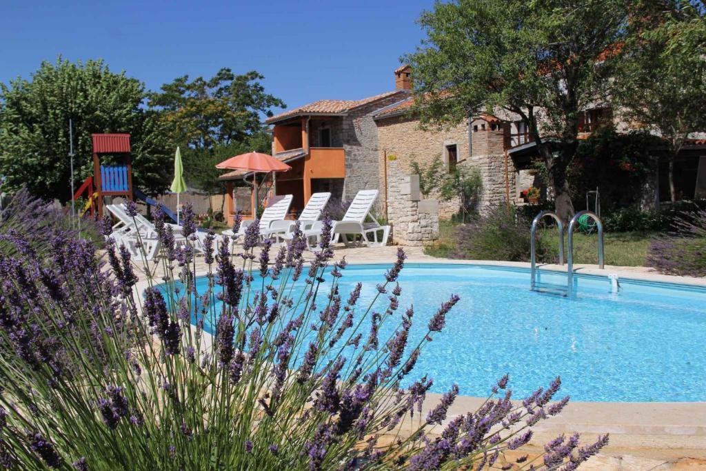 basen w ogrodzie z krzesłami i dom w obiekcie Holiday home in Dignano w mieście Vodnjan