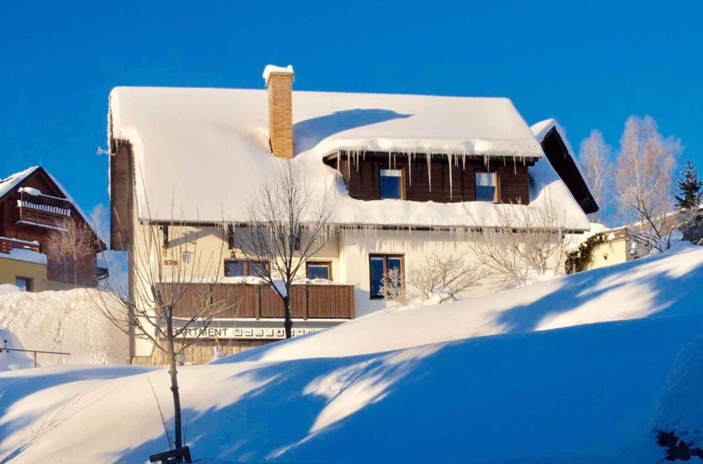 una casa ricoperta di neve con tetti ricoperti di neve di Apartments in Harrachov/Riesengebirge 2300 a Harrachov
