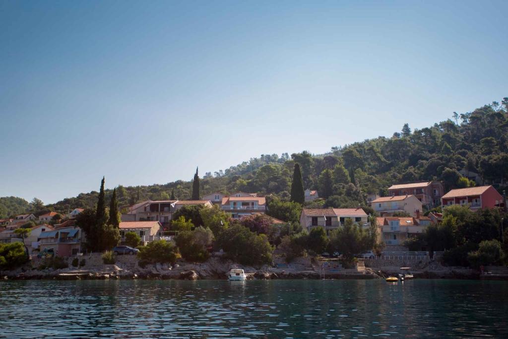 a small town on the shore of a body of water at Brna, otok Korcula Two-Bedroom Apartment 1 in Brna