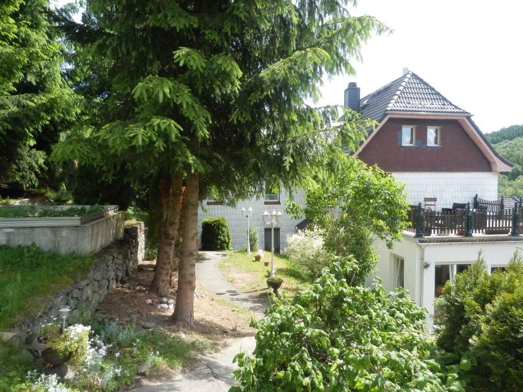 ein weißes Haus mit einem Baum davor in der Unterkunft Apartment in Blankenstein 3167 in Blankenstein