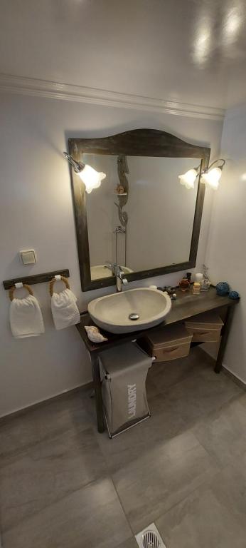 a bathroom with a sink and a mirror at Symi . VILLA CALME (Sur la Mer). in Symi