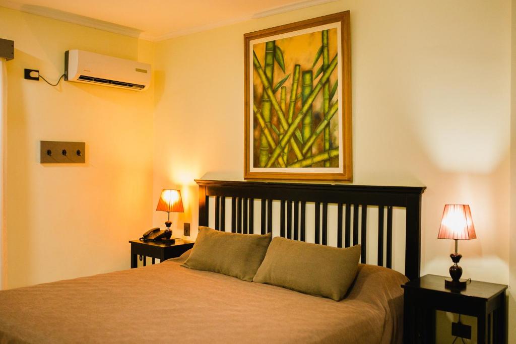 a bedroom with a bed with two lamps and a painting at Hotel Che Roga in Puerto Eldorado