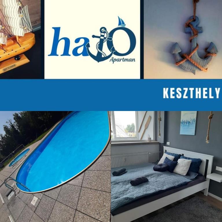 kolaż zdjęć pokoju z łóżkiem i deską surfingową w obiekcie haJÓ Apartman w mieście Keszthely