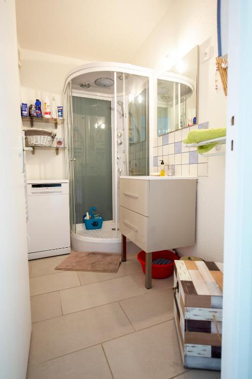 a bathroom with a shower and a sink at La Kaz in Courseulles-sur-Mer