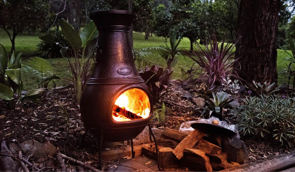 una estufa en un jardín con una chimenea en Copeland House en Copeland