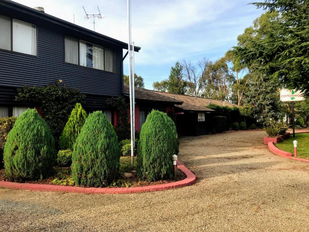 a house with trees in front of a driveway at Cottonwood Lodge in Berridale