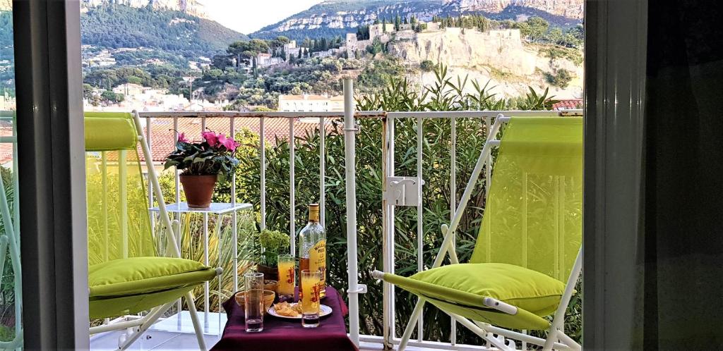a balcony with chairs and a view of a mountain at Coste Location Cassis in Cassis