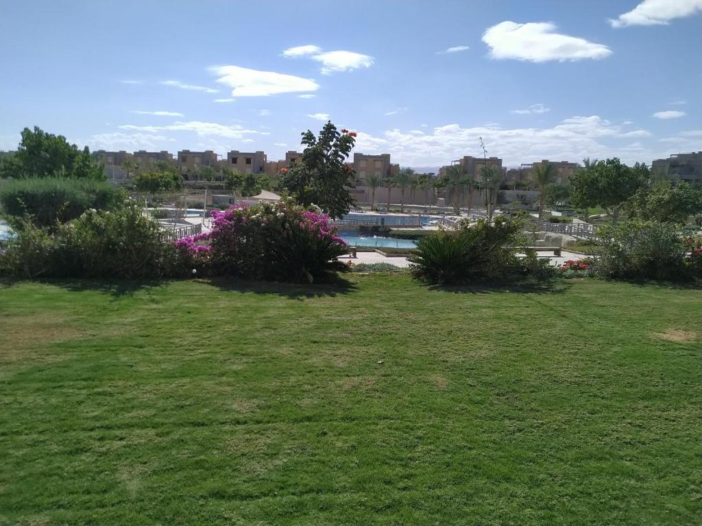 einbay 3 bedrooms garden + pool view في العين السخنة: حديقة بها ميدان من العشب والورود