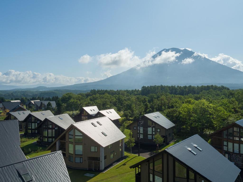 an aerial view of a residential neighborhood with a mountain at The Orchards Niseko in Niseko