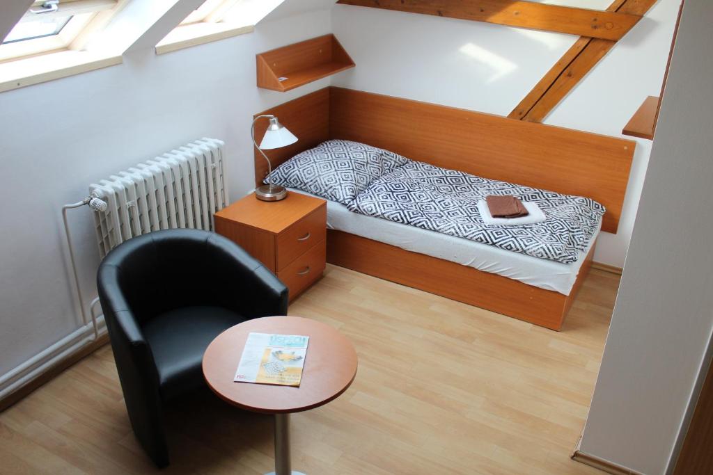 a small room with a bed and a chair and a table at Ubytování Na špejcharu, Želevčice in Slaný