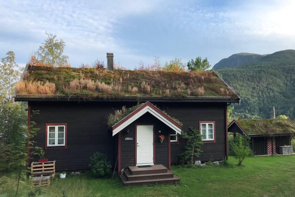 ein schwarzes Haus mit Grasdach in der Unterkunft Nyhuset på Skogan in Valsøybotn