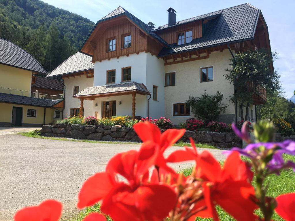 ein Haus mit roten Blumen davor in der Unterkunft Ferienhof Rinnergut in Hinterstoder