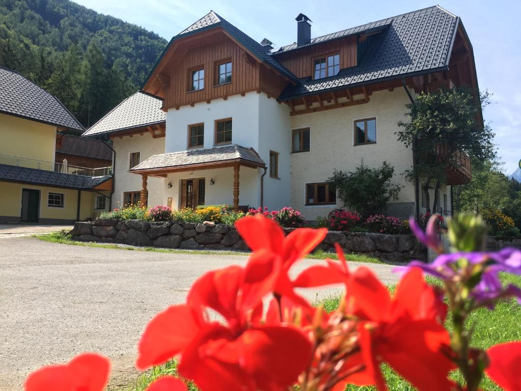 een huis met rode bloemen ervoor bij Ferienhof Rinnergut in Hinterstoder