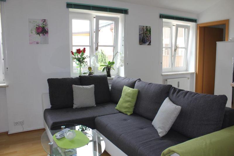 a living room with a gray couch with green pillows at Ferienwohnung Krittian in Teisendorf