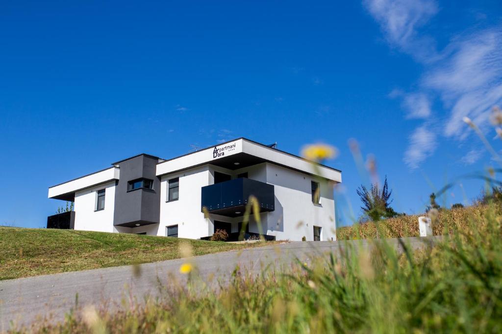 a white house on top of a hill at Apartments Dora Sveti Martin na Muri in Sveti Martin na Muri