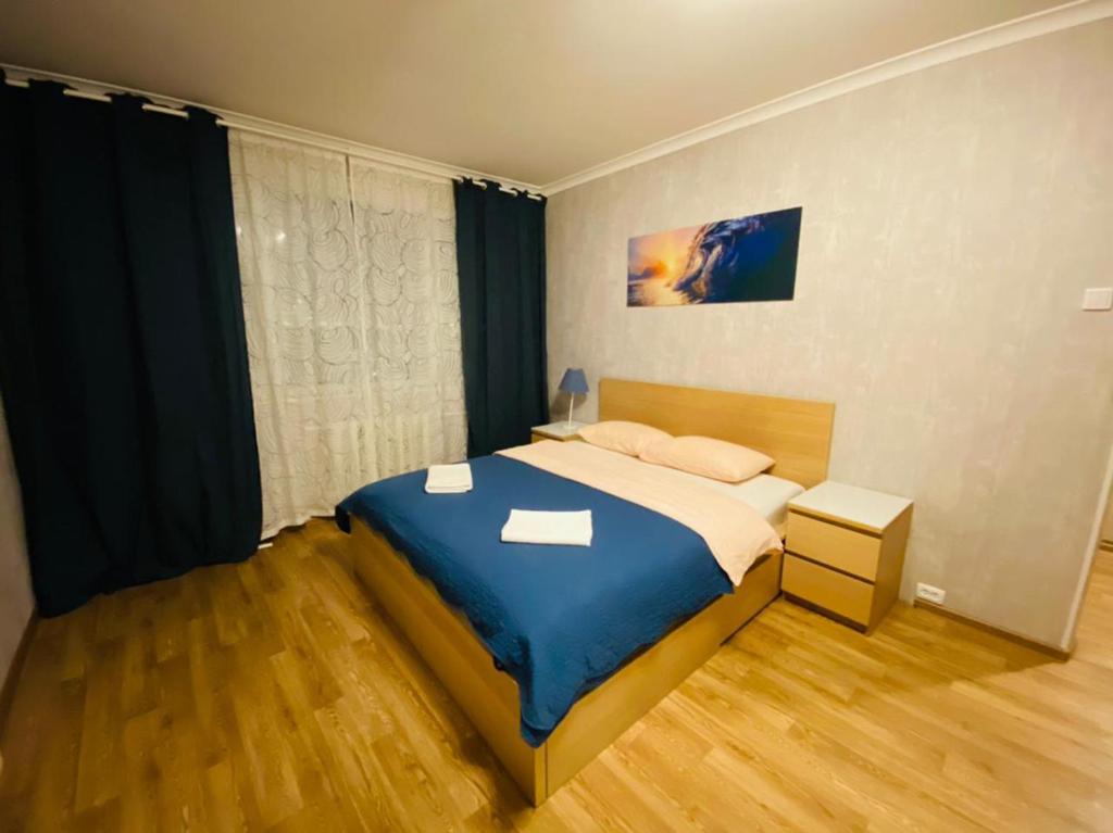 モスクワにあるApartment Hanaka Bibliotechnaya 17のベッドルーム1室(大型ベッド1台、青い毛布付)
