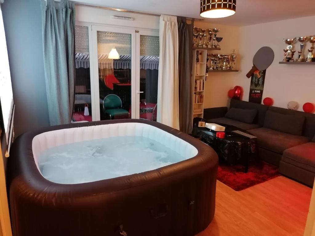ein Wohnzimmer mit einer großen Badewanne in der Mitte in der Unterkunft Joli Appartement Coquet in Reims