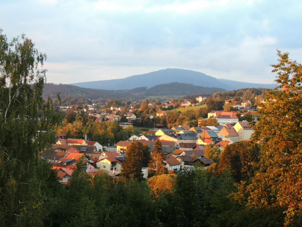 uma cidade no outono com uma montanha no fundo em FW Zauberblick em Zwiesel