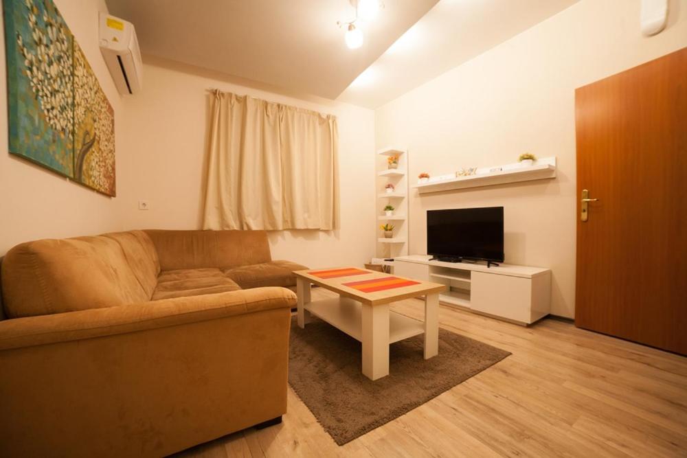 - un salon avec un canapé et une table dans l'établissement Апартамент ГАЛИ, à Pleven