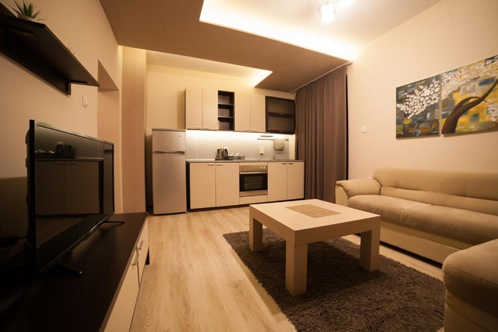 una pequeña sala de estar con sofá y mesa. en Апартамент РОСИ, en Pleven
