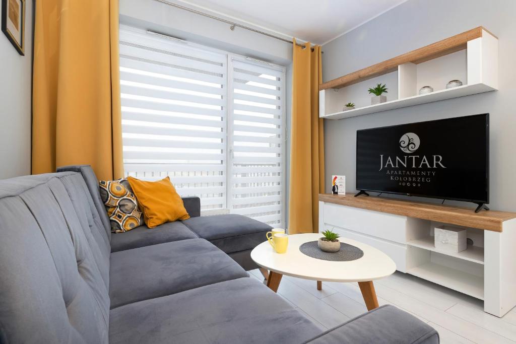 Jantar Apartamenty - Osiedle Bursztynowe III في كولوبرزيغ: غرفة معيشة مع أريكة وتلفزيون