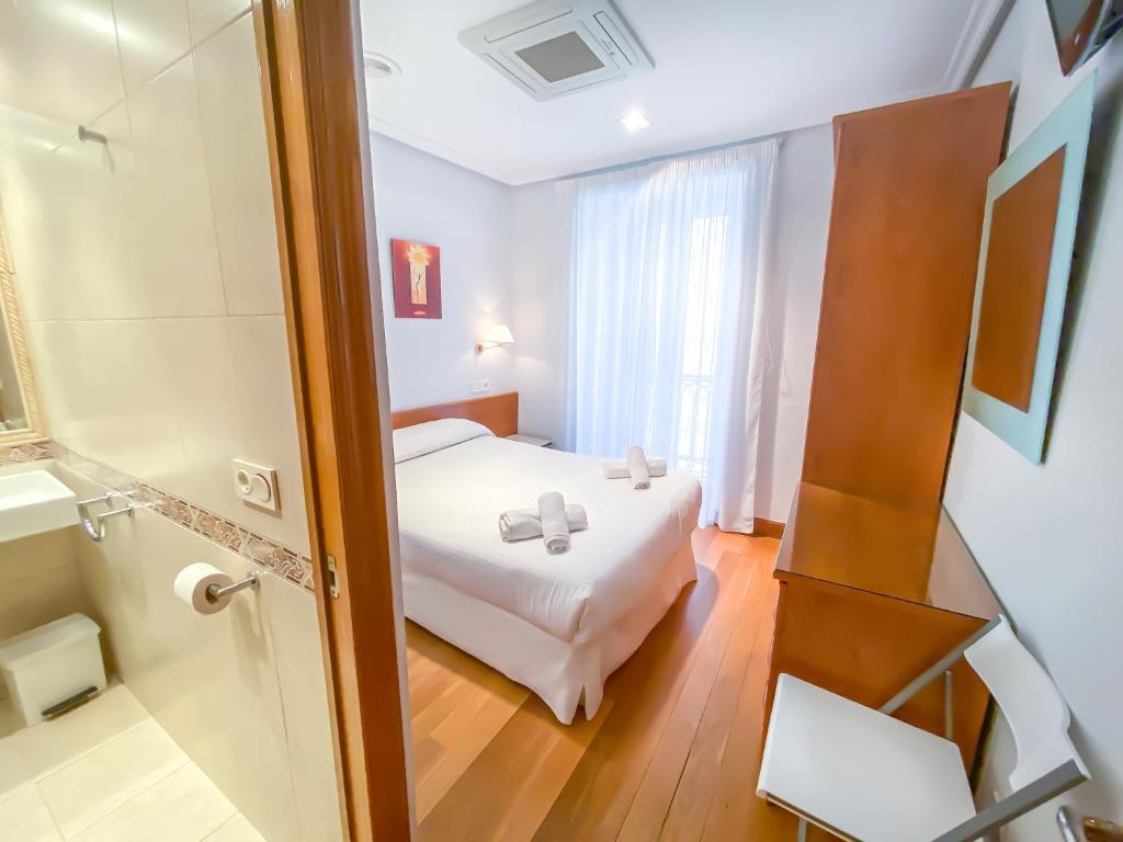 ein Hotelzimmer mit einem Bett und einer Dusche in der Unterkunft Habitaciones Turisticas Ayuntamiento San Sebastian in San Sebastián