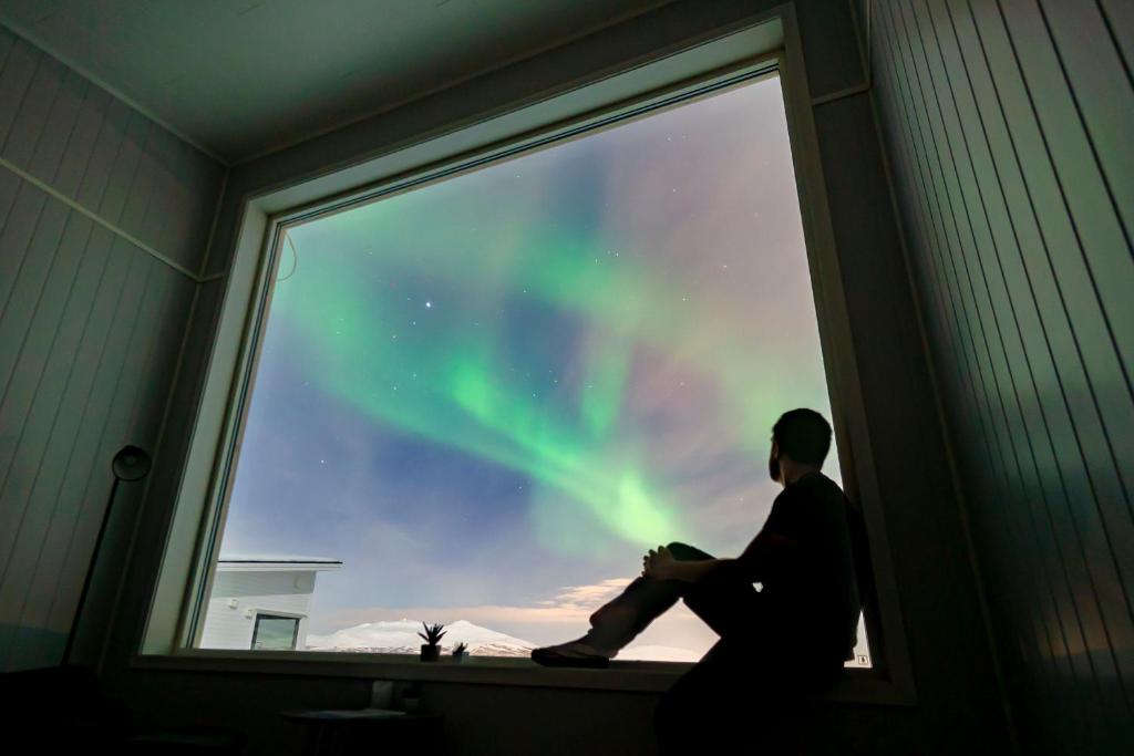 a man sitting on a window sill looking at the northern lights at Aurora Borealis Observatory in Silsand