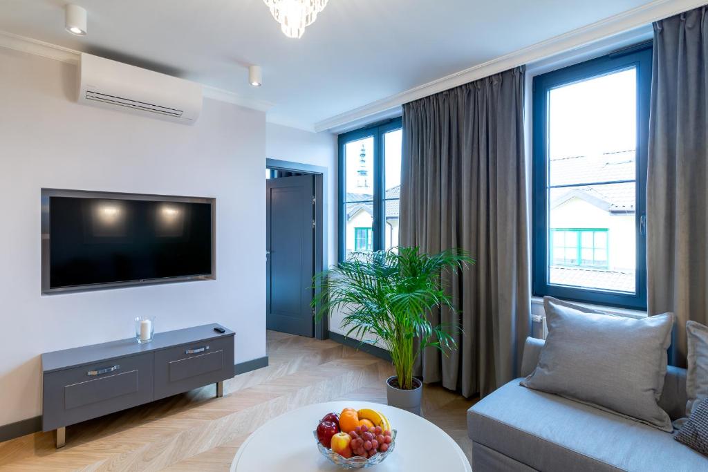 a living room with a couch and a tv at Apartamenty Bazyliańska 1 lok 4 in Zamość