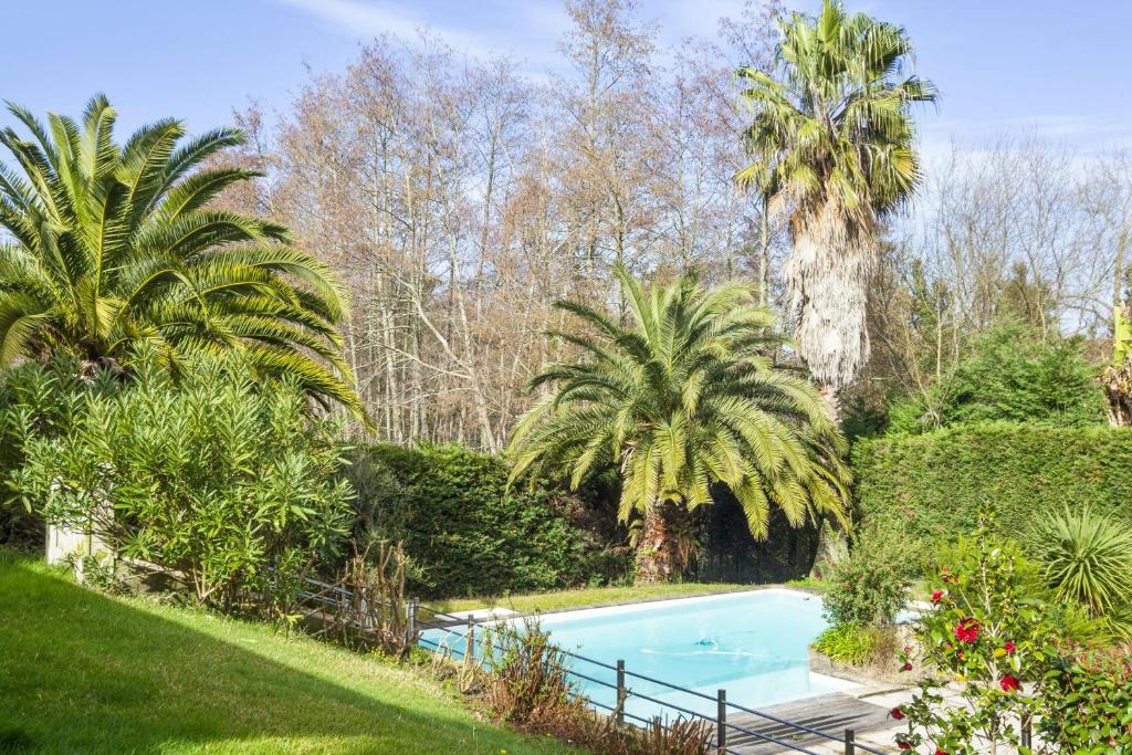 a swimming pool in a garden with palm trees at La Maison Mora - Welkeys in Boucau