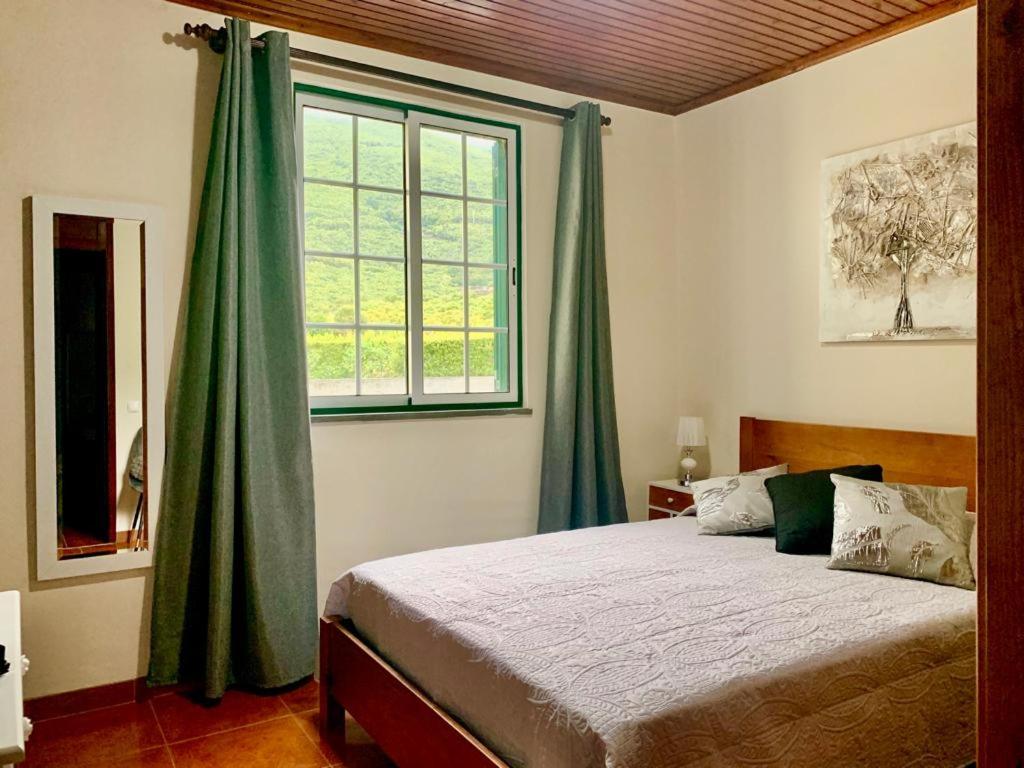 a bedroom with a bed with green curtains and a window at Ninho das Cagarras in Santo Amaro