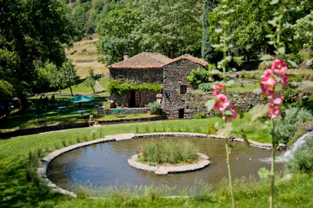 a garden with a pond in front of a house at le moulin in Saint-Arçons-dʼAllier