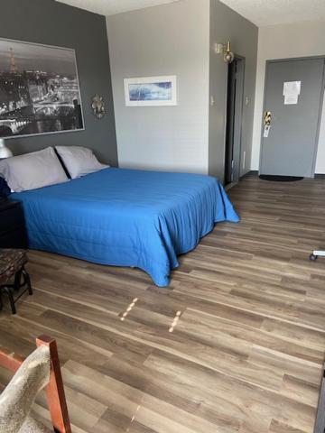 1 dormitorio con 1 cama azul y suelo de madera en Motel Populaire, en Trois-Rivières