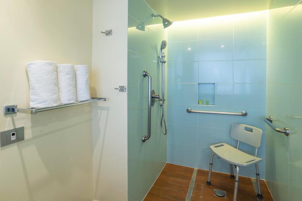 A roll-in-style shower with a glass door, handheld spray, and shower chair.