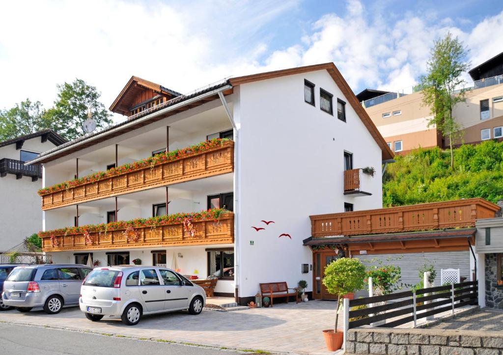 a white building with cars parked in front of it at Haus Iris in Bodenmais