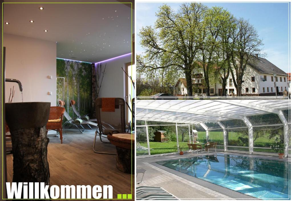 two pictures of a house with a swimming pool at Gasthof-Pension Zum Haugstein - Familie Eder in Engelhartszell