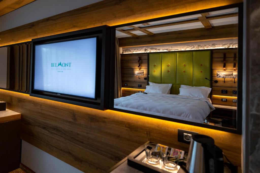 錫納亞的住宿－Hotel Belmont，一间卧室设有一张床,大窗户配有电视