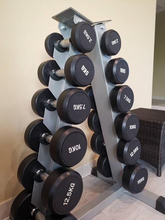 A compact gym corner with a vertical rack of dumbbells.