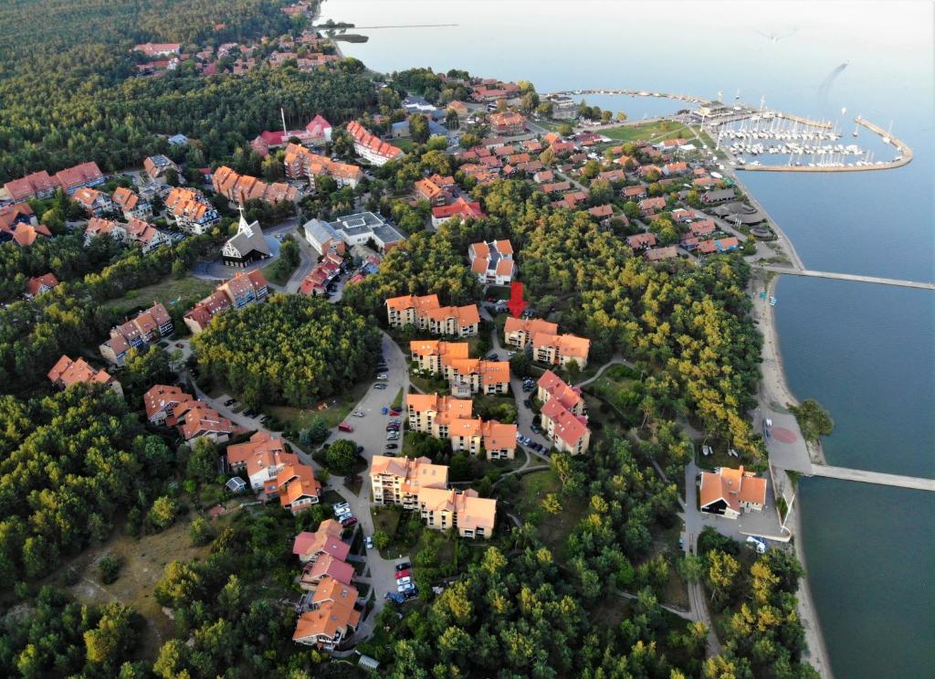 eine Luftansicht auf eine kleine Insel mit Häusern und einem Hafen in der Unterkunft Nida Kopu 3 Apartment in Nida