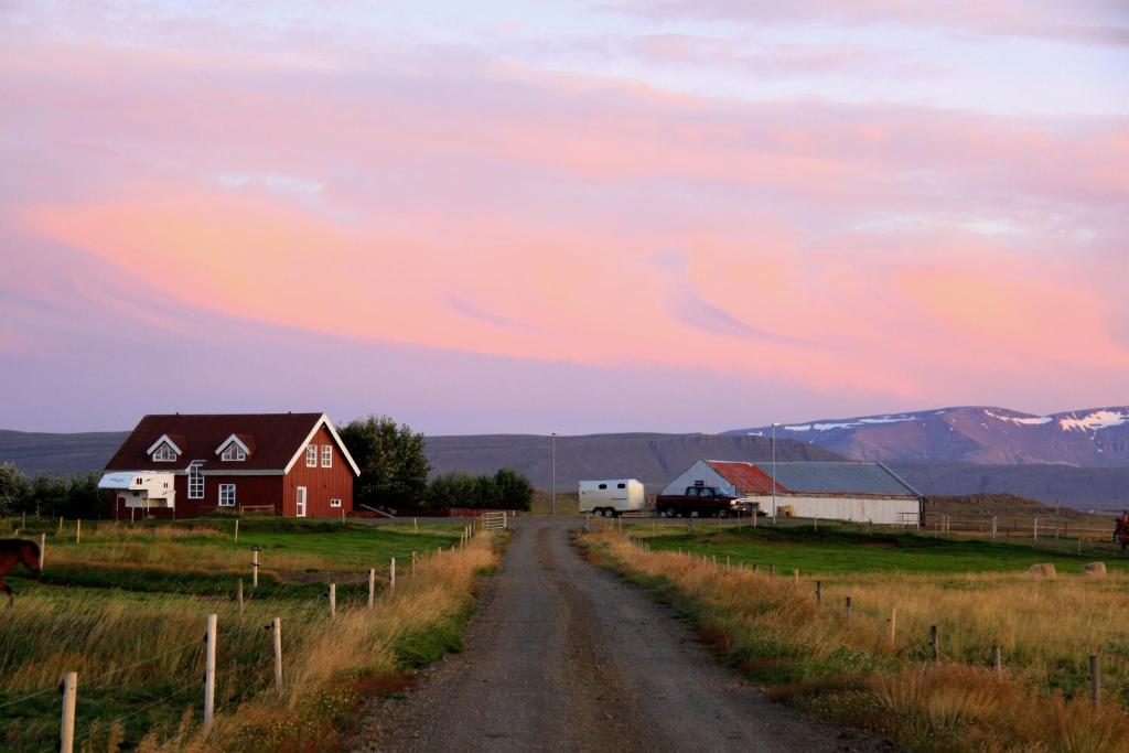 polna droga na polu z czerwoną stodołą w obiekcie Cabin 3 at Lundar Farm w mieście Borgarnes