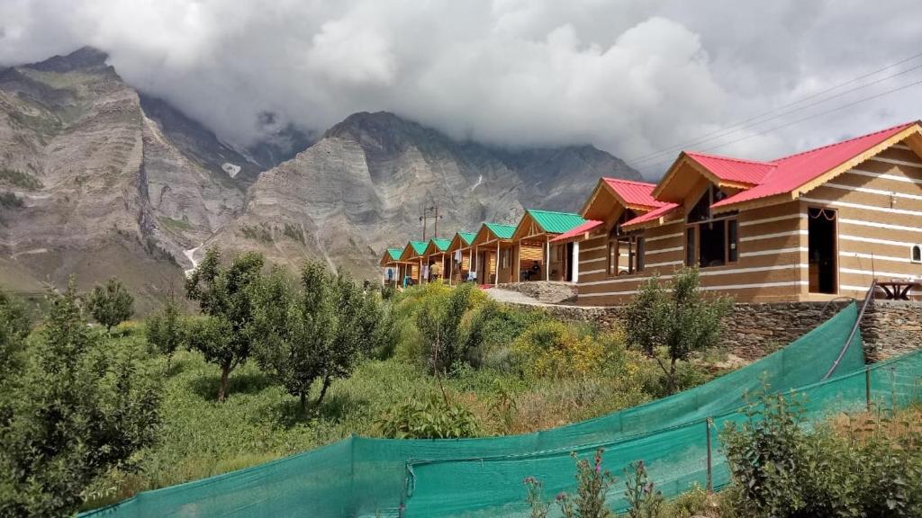 a row of houses with mountains in the background at Tandi Sarai in Kyelang