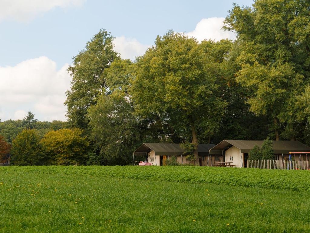 a house in the middle of a grassy field at Atmospheric tent lodge with dishwasher in Twente in Buurse