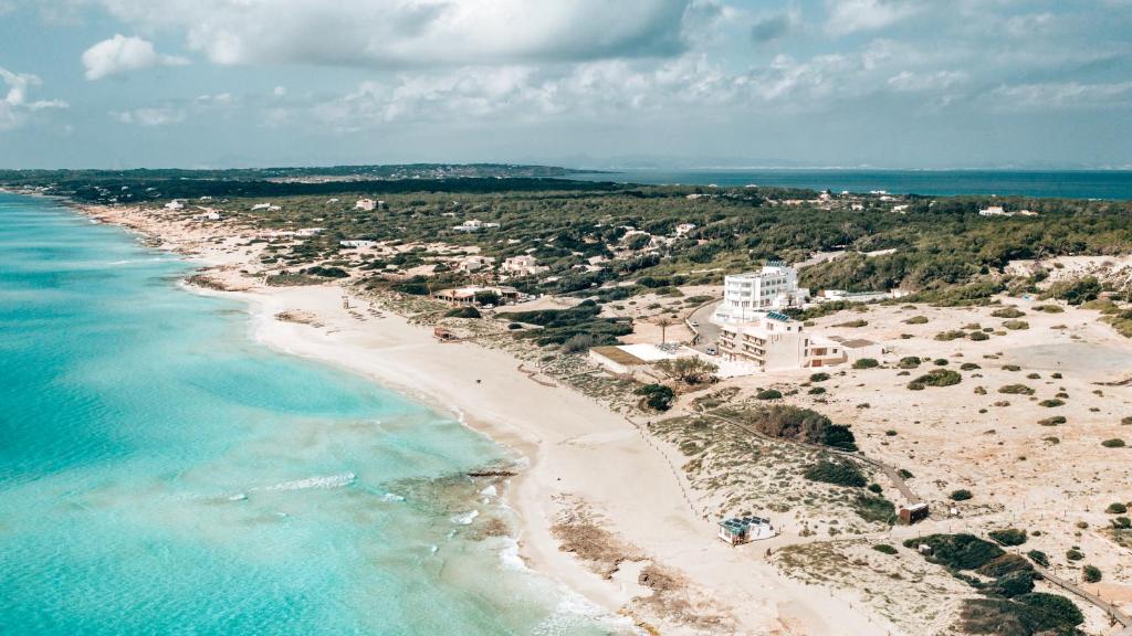 una vista aérea de la playa y del océano en Casa Formentera en Playa de Migjorn