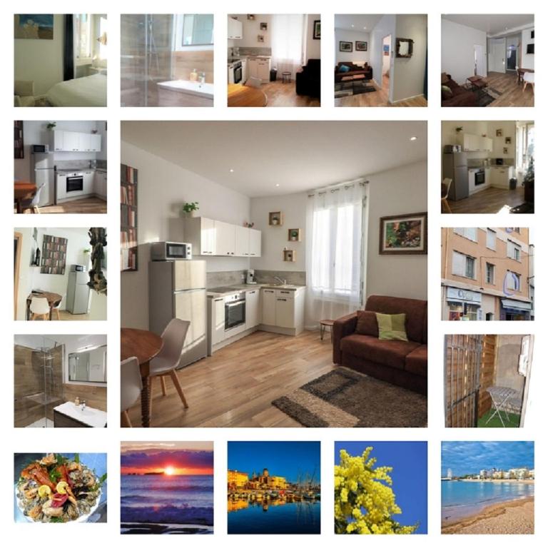 un collage de photos d'un salon dans l'établissement 