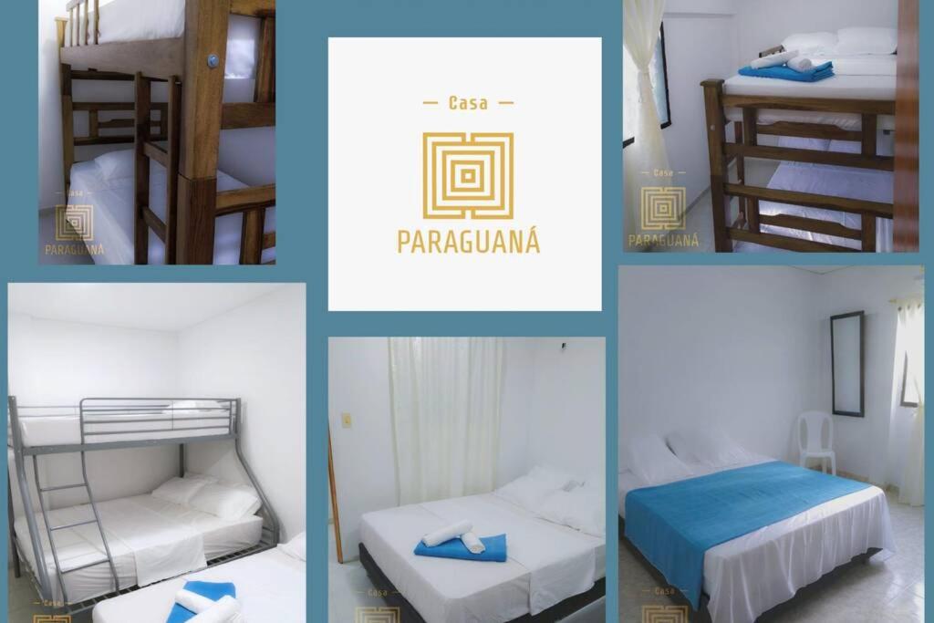 un collage de cuatro fotos de un dormitorio en Casa Paraguaná - tú espacio para el descanso, en Santa Marta