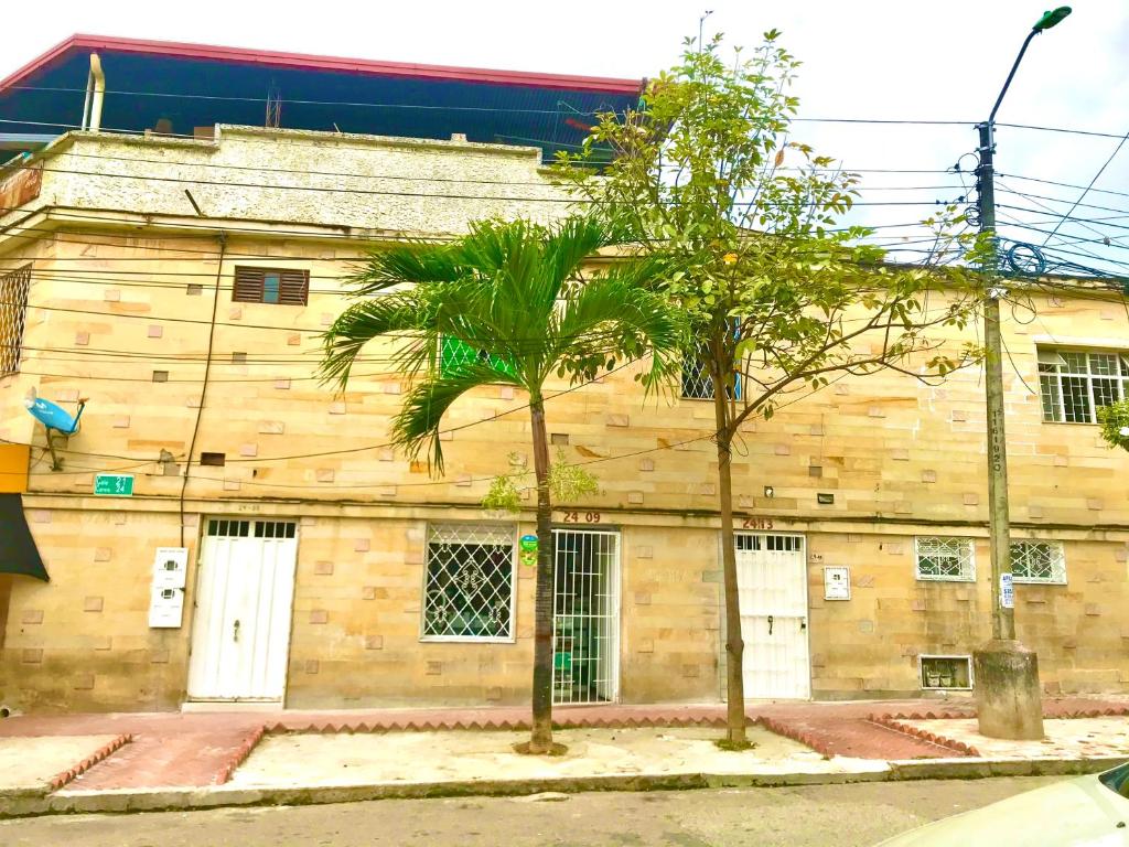 two palm trees in front of a wooden building at XaviHostel in Bucaramanga