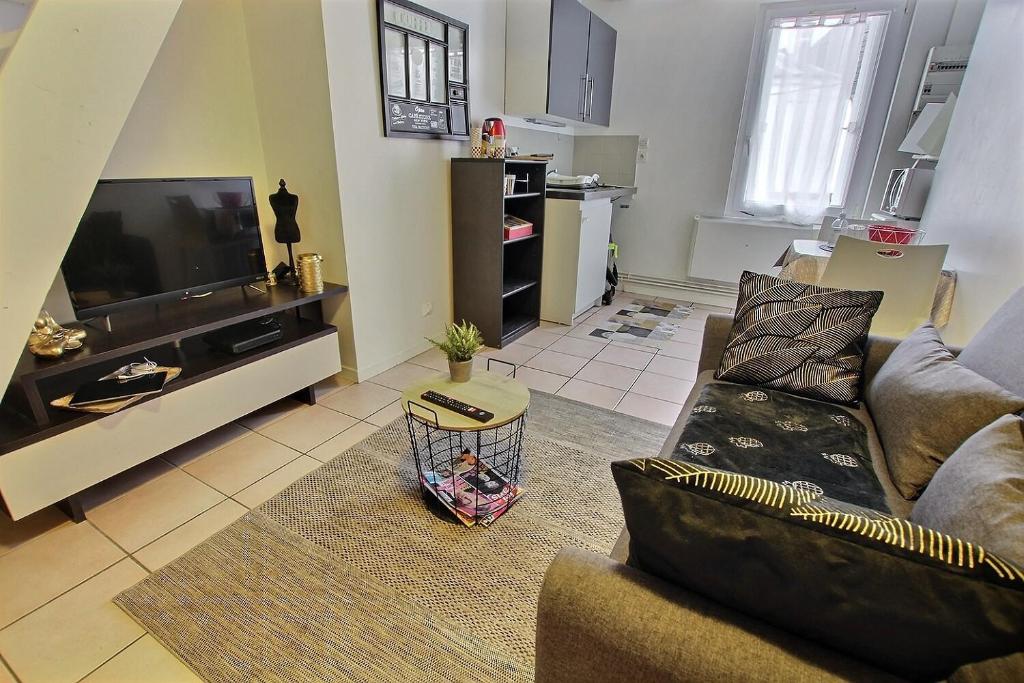 ein Wohnzimmer mit Sofa und Fernseher in der Unterkunft La Casa de Loulou in Bourges