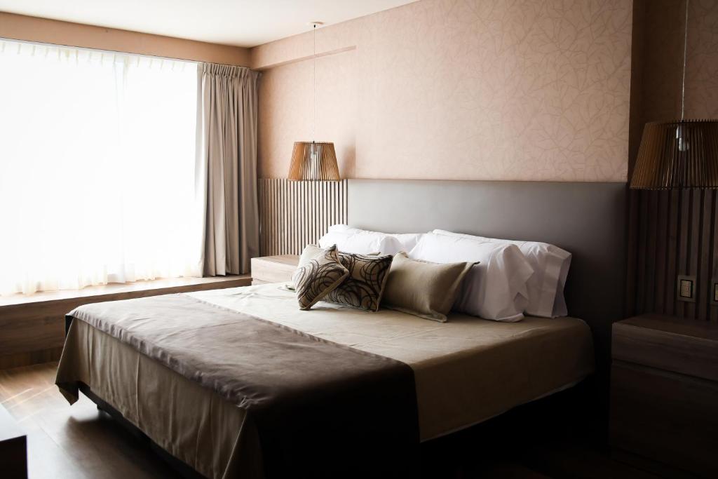 Un dormitorio con una cama con almohadas y una ventana. en Hotel Cálido Termal, en Termas de Río Hondo