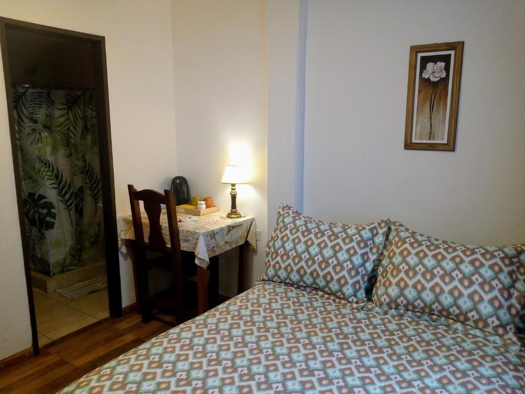 a bedroom with a bed and a table with a lamp at Astoria Patagonia II habitaciones privadas in San Carlos de Bariloche