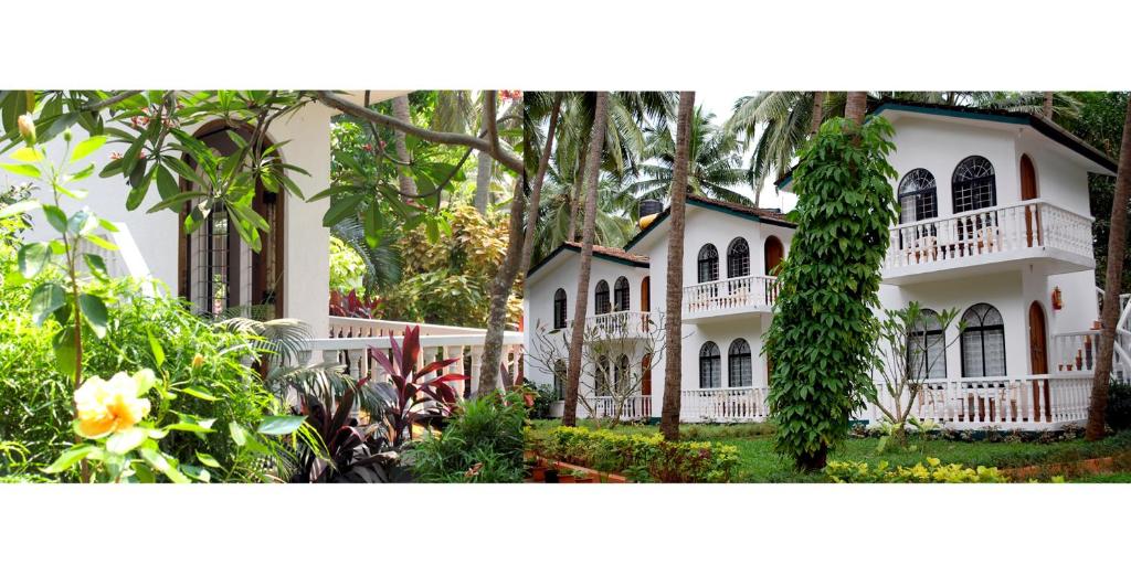 坎多林的住宿－Albuquerque BetterHomes, Goa，一座种植了树木和植物的大型白色房屋