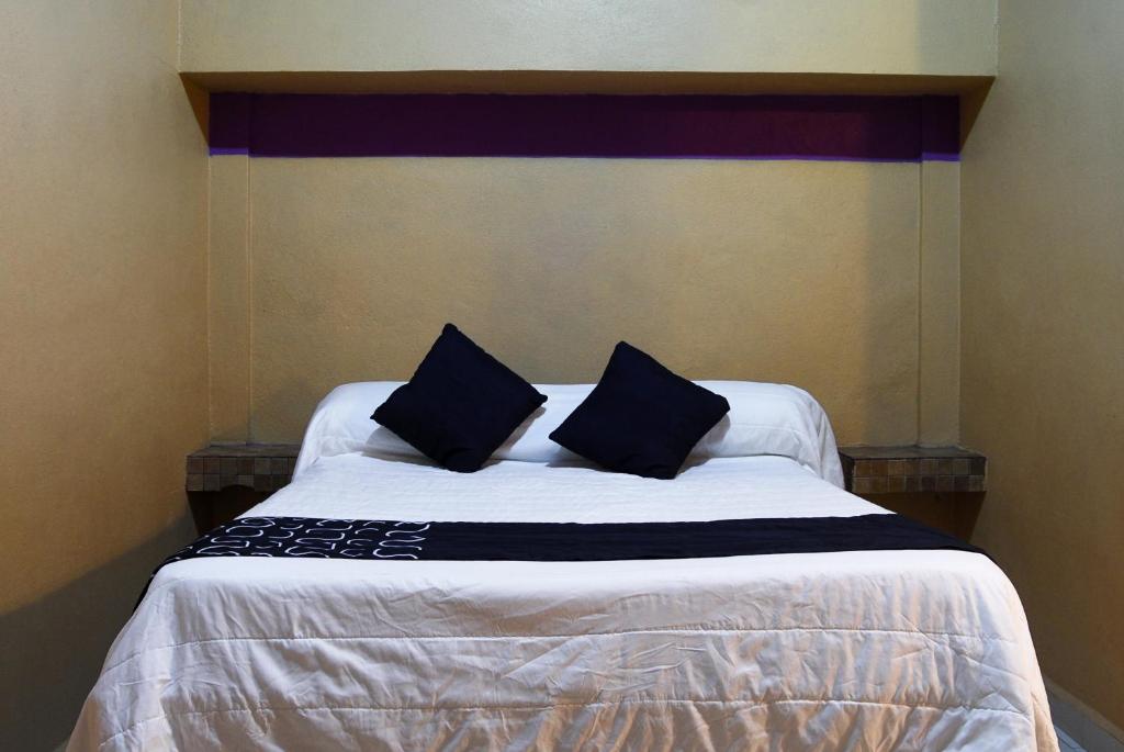 a bed with two black pillows on top of it at Hotel Platino in Monterrey